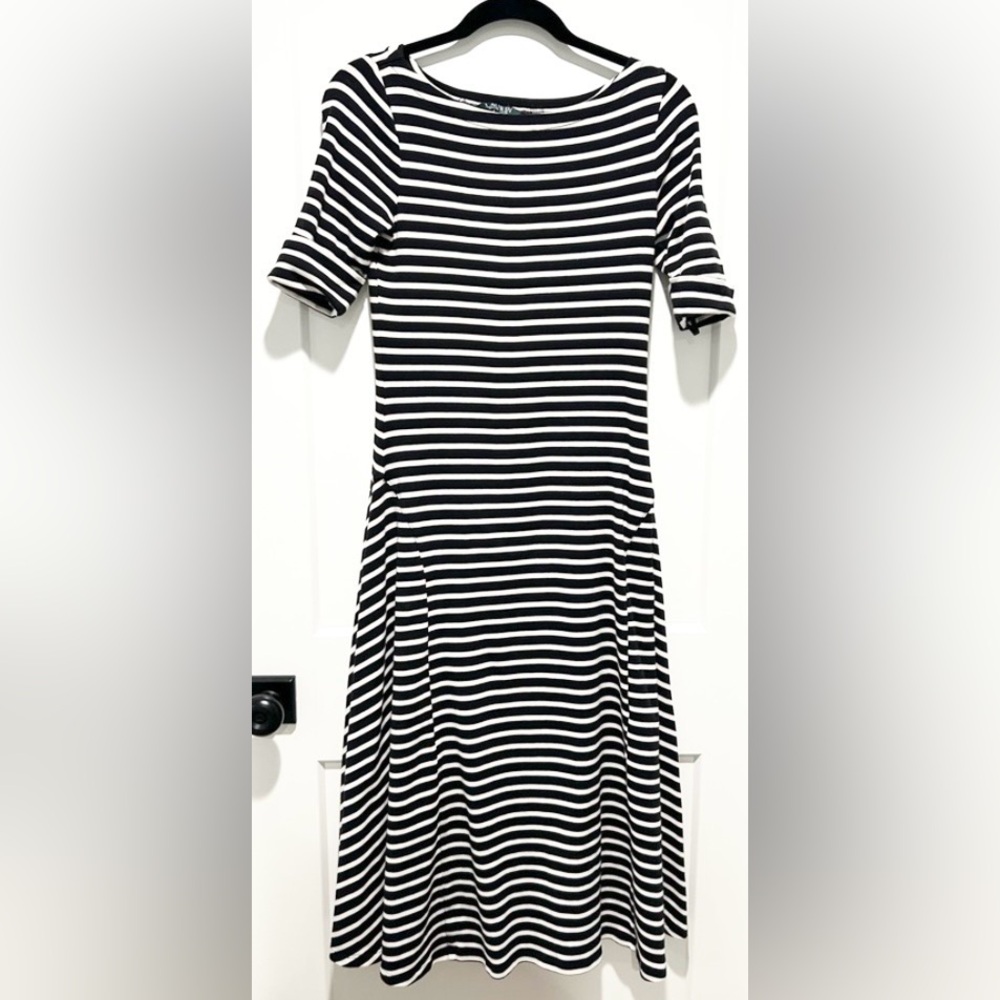 Lauren Ralph Lauren Striped Midi Dress Fit Flare Black White Quiet Luxury - Picture 3 of 9